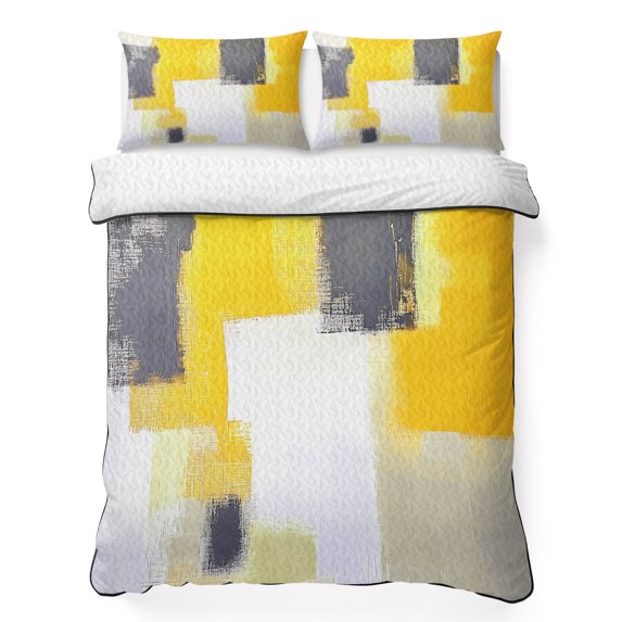 Full Quilt Set 78''x90'', Yellow Grey Lightweight Summer Bedspread Coverlet Set with 2 Pillow Shams, Modern Abstract Oil Painted Geometric Breathable All Season Quilt Bedding for Bedroom/Guest Room