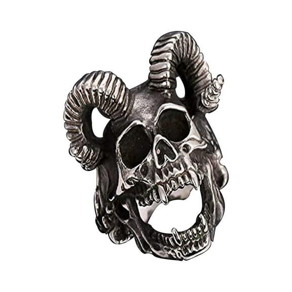 Full Ram Horns Devil Skull Ring With Sharp Teeth Stainless Steel