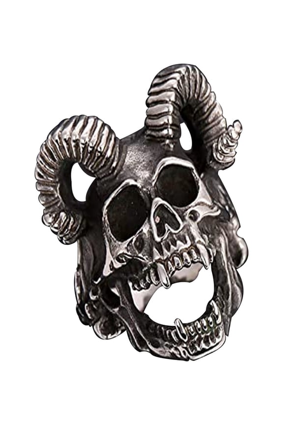 Full Ram Horns Devil Skull Ring With Sharp Teeth Stainless Steel