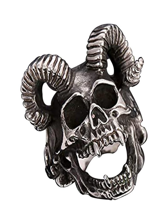 Full Ram Horns Devil Skull Ring With Sharp Teeth Stainless Steel