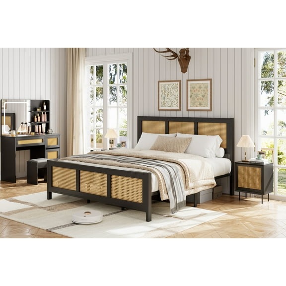 Full Rattan Bed Frame with Headboard, Boho Metal Platform Bed Frame, Strong Metal Slats Support, No Box Spring Needed, Noise Free, Easy Assembly