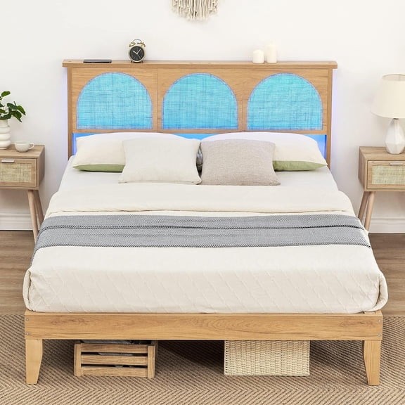 Full Rattan Bed Frame with LED Headboard, Wood Support Legs, 8” Storage, No Box Spring, Noise Free, Natural