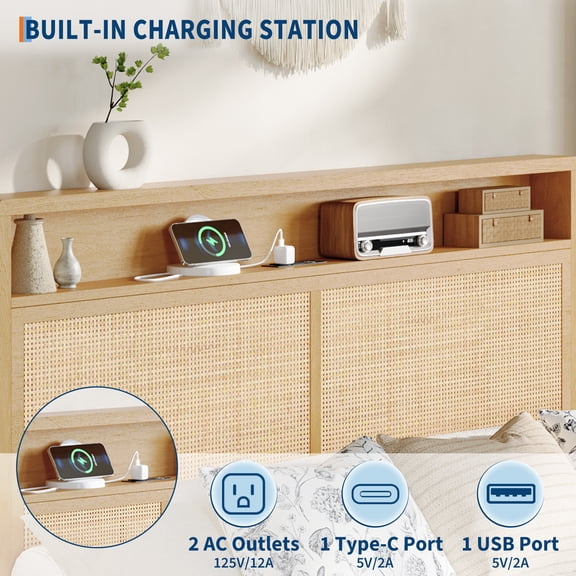 Full Rattan Bed Frame with Lights & Charging Station | Bohemian Style w/2-Tier Storage Headboard, Silent Solid Wood Slats (No Box Spring)