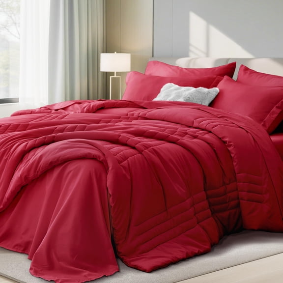 Full Red Bed-in-a-Bag 7-Piece All-Season Soft Bedding Set