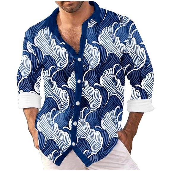 Full Reduction Offer LEBONYARD Mens Sweatshirts and Hoodies,Men's Digital Printed Shirt Slub Wave Printed Lapel Long Sleeve Shirt Blue S