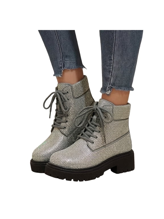 Full Rhinestone Covered Combat Boots for Women Wide Toe Box Lace Up Platform Lug Sole High Top Glitter Ankle Booties Silver 6.5