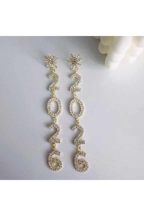 Full Rhinestone Crystal Flower Number 2026 Long Tassel Asymmetric Drop Dangle Earrings Near Year Christmas Party Gift for Women
