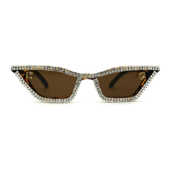Full Rhinestone Iced Narrow Cat Eye Diva Sunglasses Tortoise Brown