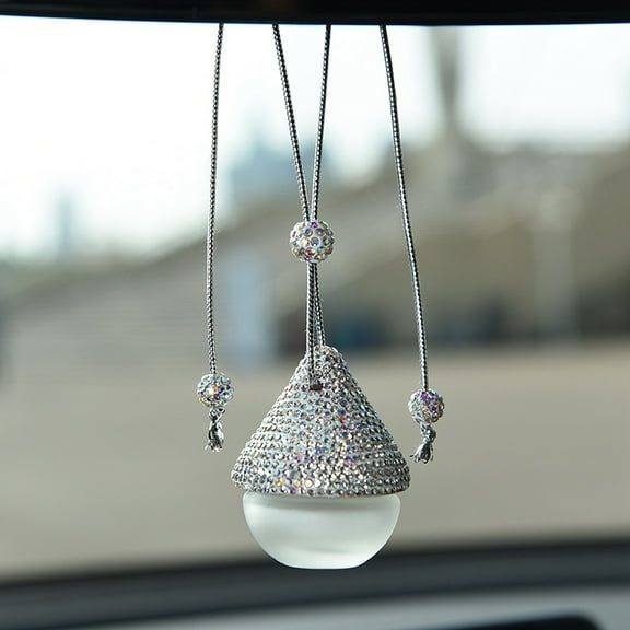 Full Rhinestone Mushroom Glass Perfume Bottles Air Freshener Diffuser Bottle Hanging Ornaments for Car Rear View Mirror Decoration Crystal AB 150mm