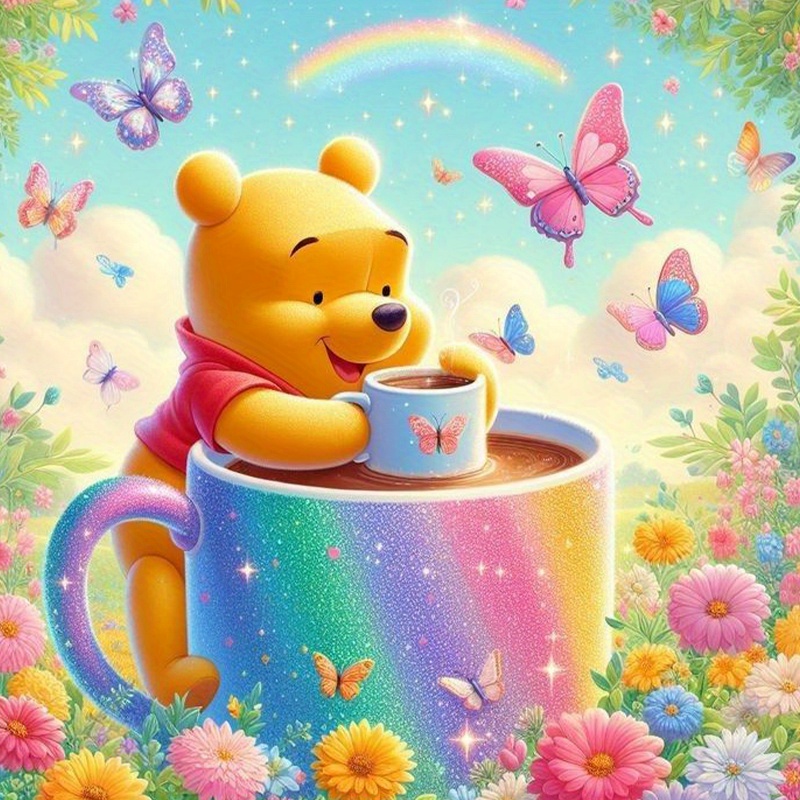 Full Round Diamond Art Disney Winnie The Pooh Butterfly Flowers Canvas Painting - Vibrant Cartoon Decorative Wall Art Hanging for Home Decoration, Unique Valentines Day Gift