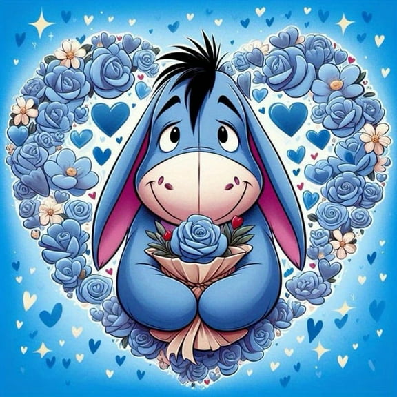Full Round Diamond Eeyore Canvas Painting - Vibrant Cartoon Decorative Wall Art for Home, Valentines Day Gift, Unique Handcrafted Hanging Decoration with Sparkling Diamonds