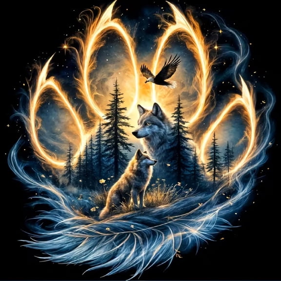 Full Round Diamond Painting, Night Forest Wolf Eagle Golden Paw Design 5D DIY Diamond Art Kit, Handmade Mosaic Wall Art Decoration for Living Room