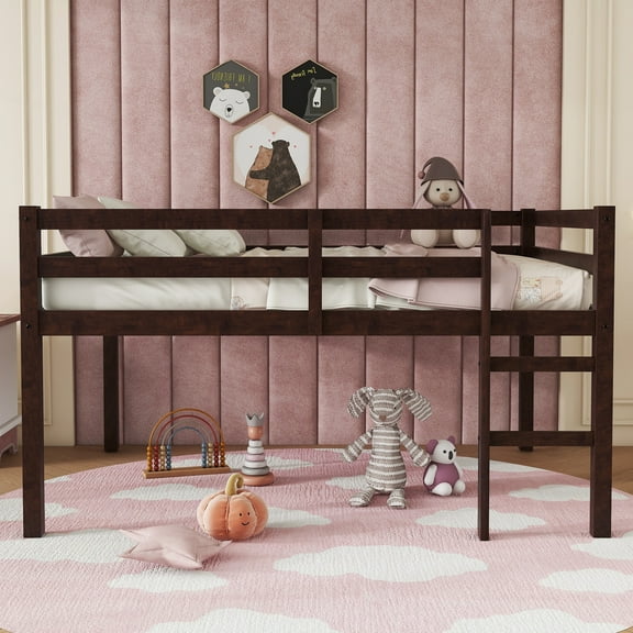 Full Rubber Wood Loft Bed with Ladder,Espresso