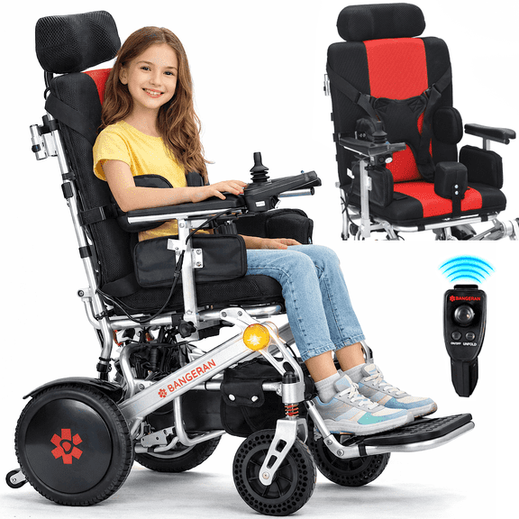 Bangeran Pegasus Stylish Ergonomic Power Wheelchair for Disability & Cerebral Palsy, Holds 265 lb, Adjustable Headrests Armrests, 47 lb - Silver Red