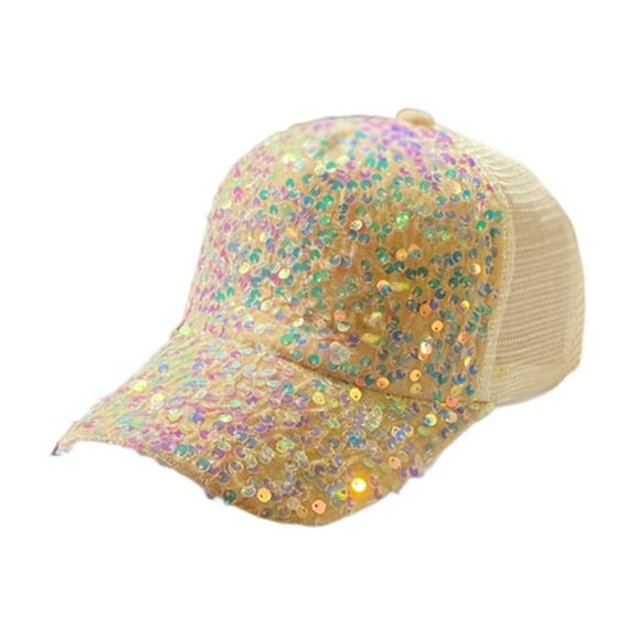A Full Sequin Gold Baseball Cap Adjustable Mesh Breathable Sun Hat For Women Travel Outdoor Sports Party Wear Ponytail Hole Lightweight Comfortable Daily Use Fashion Cap