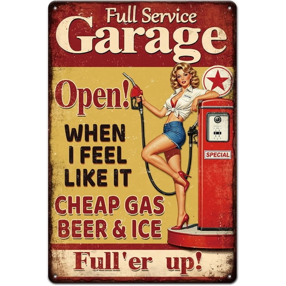 Full Service Garage Lady Metal Tin Sign 12x8inch Funny Gas Station Tin Signage Decor Signs Retro Pin Up Woman Wall Metal Plaque for Home Garage Room Bars Shopstore Highway Decoration