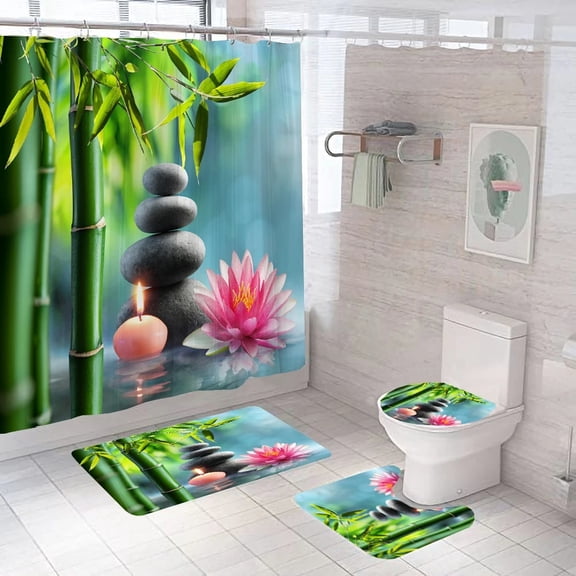 Full Set Bathroom Shower Curtain And Toilet Bath Mat Non-slip Rug Carpet Green Bamboo Bathroom Curtain For Bath Decoration