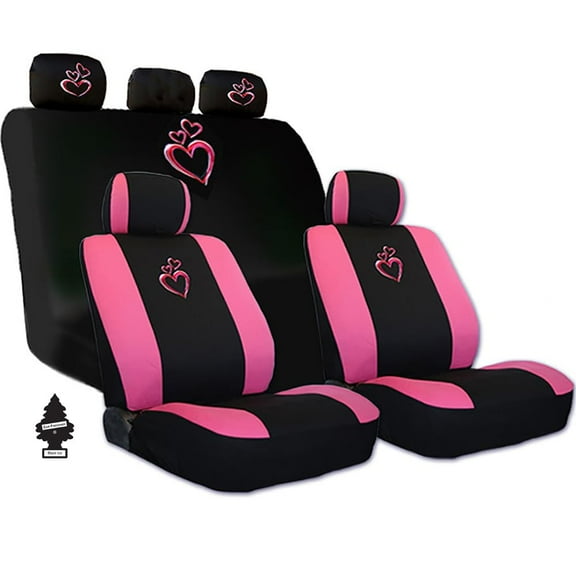 Full Set Car Seat Covers with Large Embroidered Love Heart Logo | Black & Pink Cloth | Includes Air Freshener Bundle | Front & Rear Split Bench Cover | Auto Accessories for Women, Trucks & Cars