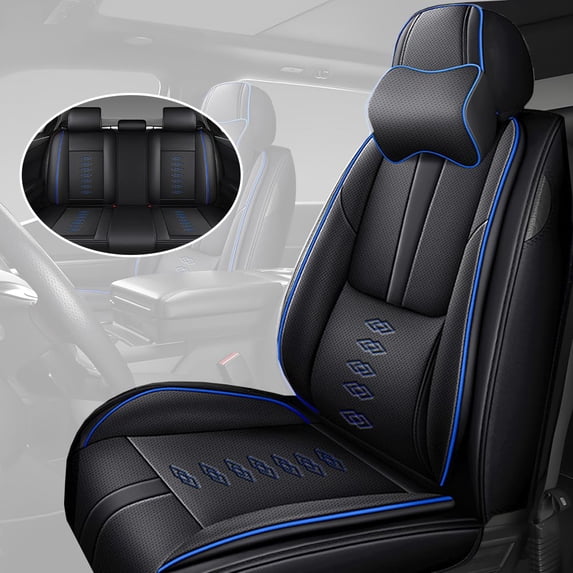 Full Set Car Seat Covers for Cadillac 98% Models,Waterproof Faux Leather Car Seats Cushions,Protect Car's Original Seats(Black+Blue,Pillows)