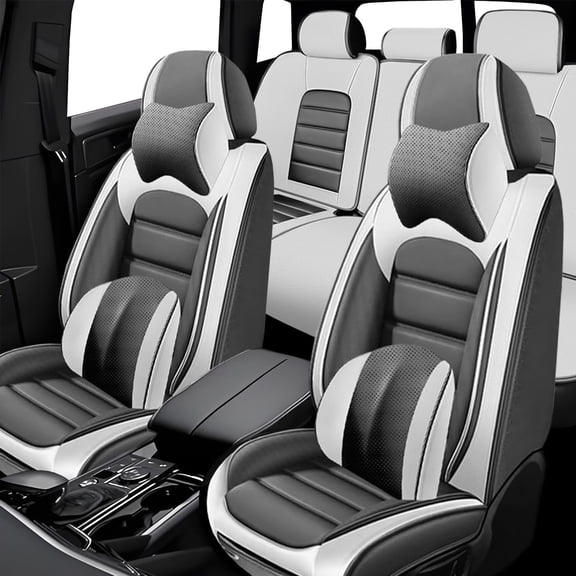 Full Set Car Seat Cushions for Ford 99% Models Artificial Leather Seat Covers for Cars Waterproof Airbag-compatible（With Two Pillows,White+Gray）