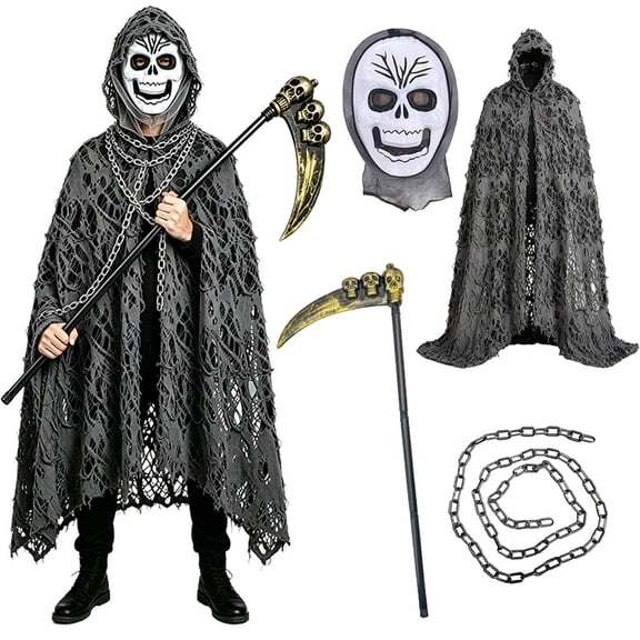Full Set Grim Reaper Costume Set, 4Pcs Grim Reaper Hooded Robe Cloak Cape with Mask,Death Scythe,Chain Accessories