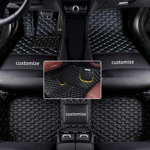 Full Set Leahter Floor Carpet Car Mat Custom Compatible with Honda-Toyota-Infiniti-Volvo-VW-Chevy-Dodge-Chrysler-Acura-Buick-Lincoln Black/Gold