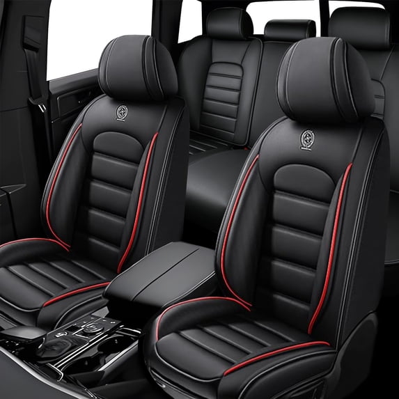 Full Set Leather Seat Covers for Nissan 99% Models Waterproof Comfortable Car Seat Cushions Universal Car Seat Covers(Black&Red Bars)