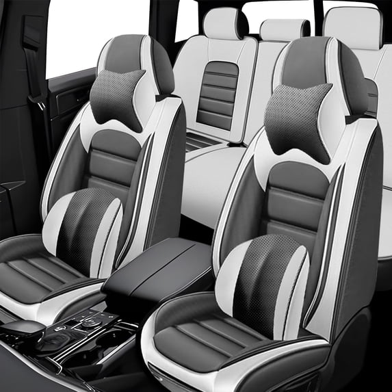 Full Set Leather Seat Covers for Nissan 99% Models Waterproof Comfortable Car Seat Cushions Universal Car Seat Covers(With Two Pillows,White&Gray)