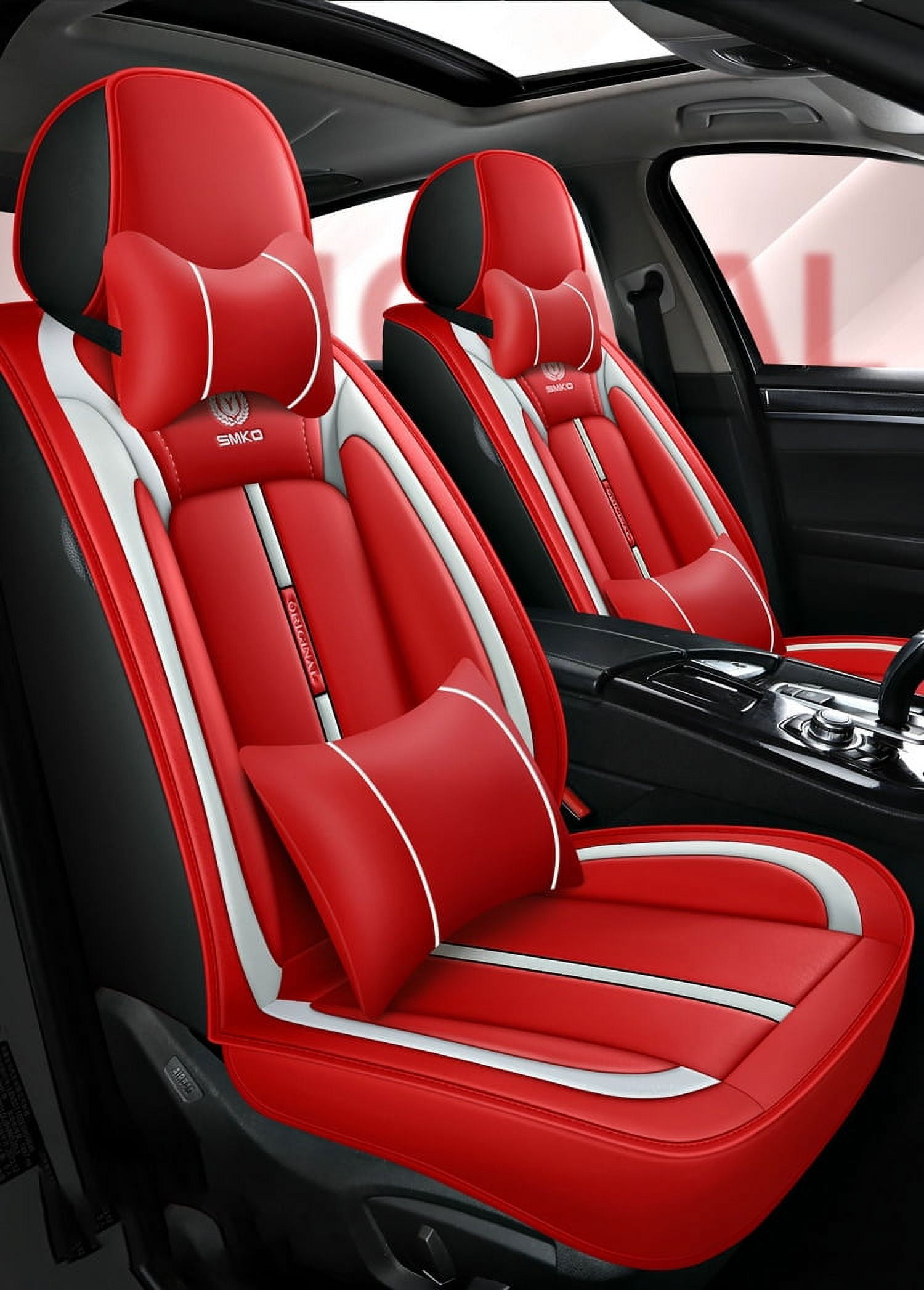 Full Set PU Leather 5Seats Car Seat Cover Auto Cushions w/ Headrest Pillows Red