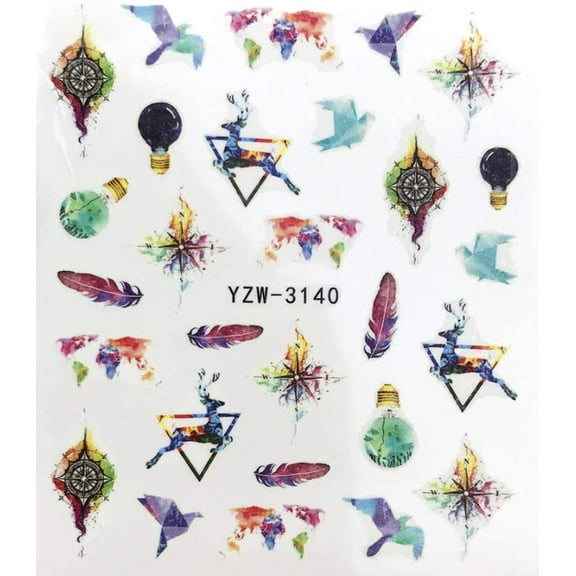 Full Set of Water Color Birds Feathers Travel Compass Deer Nail Sticker Salon Quality Nail Art - Nail Decals