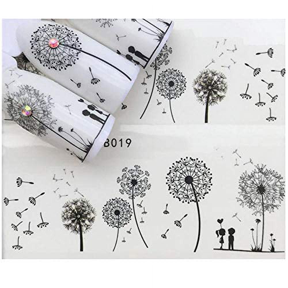 Full Sheet Black Dandelion Flower Lovers Nail Stickers - Salon Quality Nail Art Nail Wrap Nail Decals - 1 Sheet