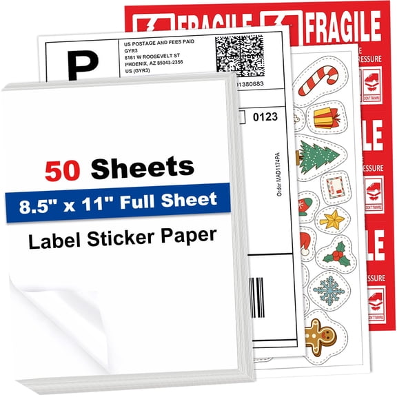 Full Sheet Label Sticker Paper, 8.5" x 11" White Matte Label Shipping Labels for Laser & Inkjet Printer, Printable Full Page Address Sticker Labels (50 Labels, 50 Sheets)
