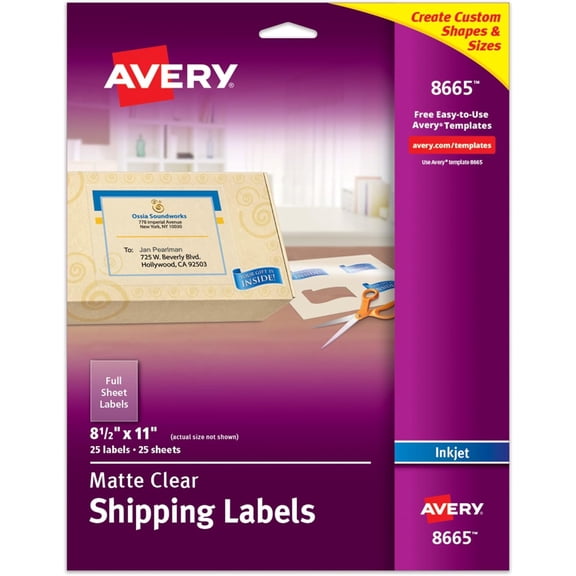 Full Sheet Printable Shipping Labels, 8.5" x 11", Matte Clear, Inkjet, Create Custom Labels Using Scissors or Electronic Cutting Machines, 25 Total (8665)