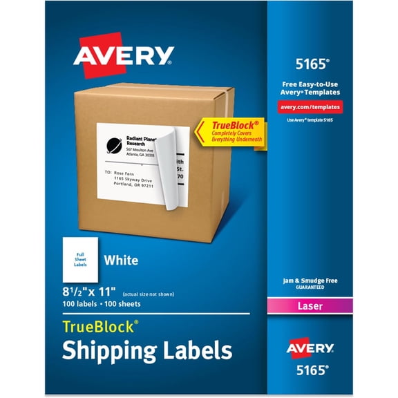 Full-Sheet Printable Shipping Labels, 8.5" x 11" Customizable Stickers, White, 100 Blank Mailing Great for Mailing, Shipping, Organizing, and More (5165)