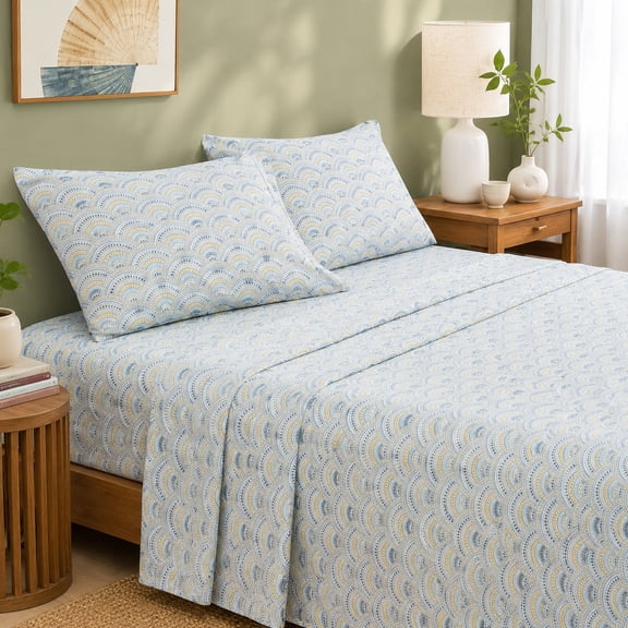 Full Sheet Set Floral 4PC Printed Bed Sheets Blue Boho Pattern Luxury Cooling Deep Pocket 17 Inch Brushed Microfiber Soft Breathable Hypoallergenic Wrinkle Free