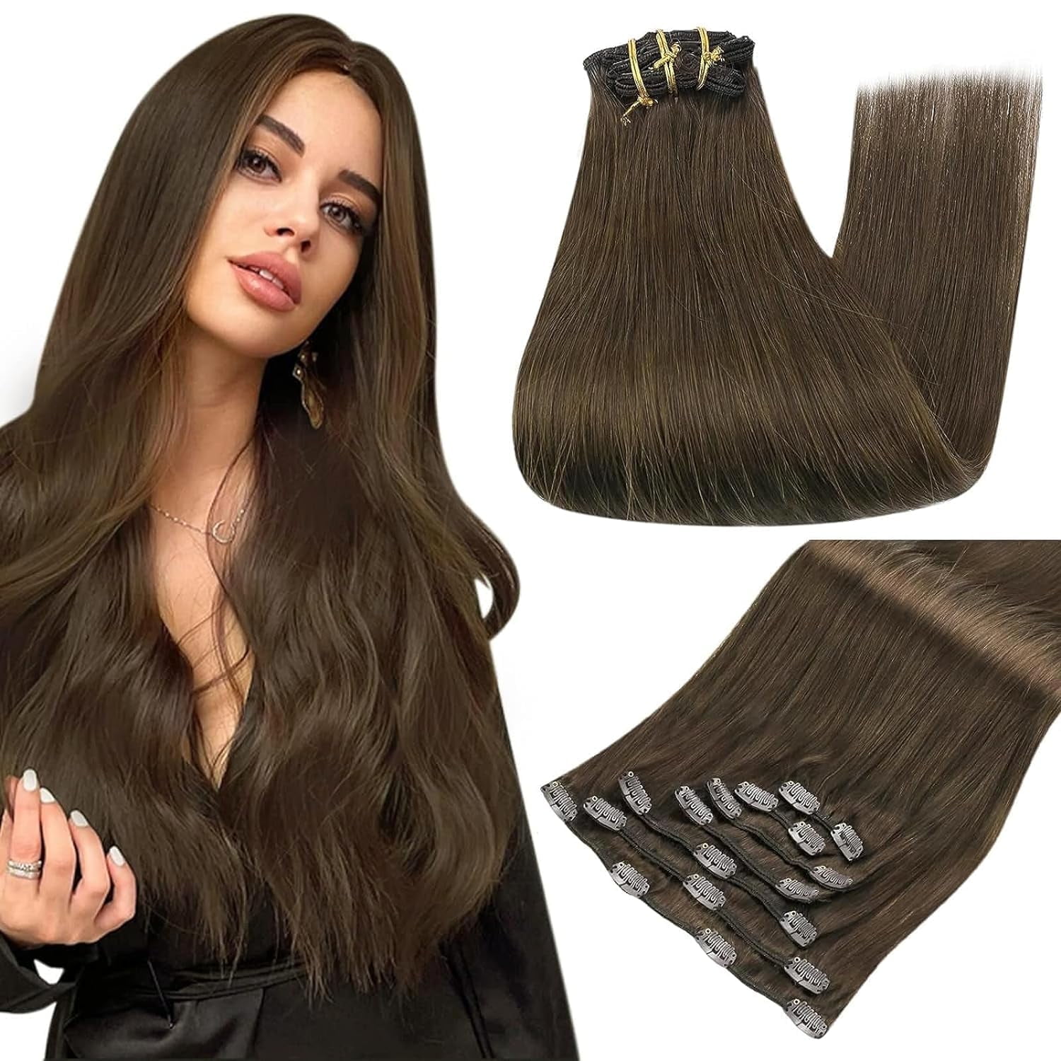 Full Shine 10 Inch Brown Clip in Hair Extensions Human Hair #4 Medium Brown  7Pcs 100 Grams Full Head Remy Hair for Women Adult
