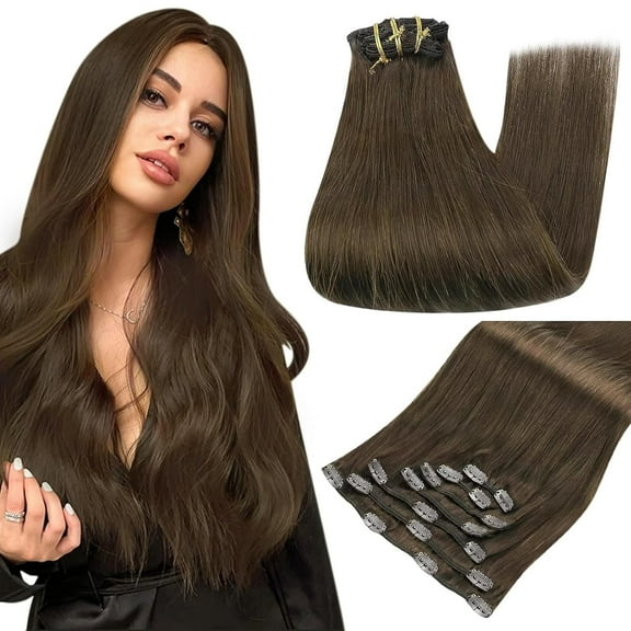 Full Shine 10 Inch Brown Clip in Hair Extensions Human Hair #4 Medium Brown 7Pcs 100 Grams Full Head Remy Hair for Women Adult