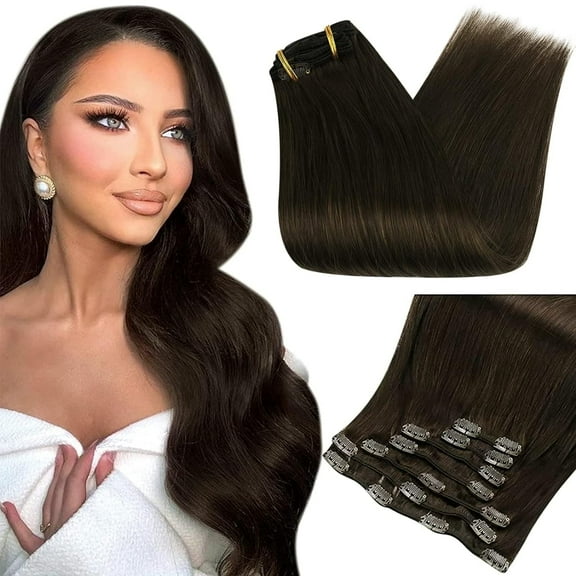 Full Shine Clip in Hair Extensions Double Weft Full Head Brazilian Hair 105 Gram #2 Dark Brown 7 Pcs 18 Inch for Women Adult
