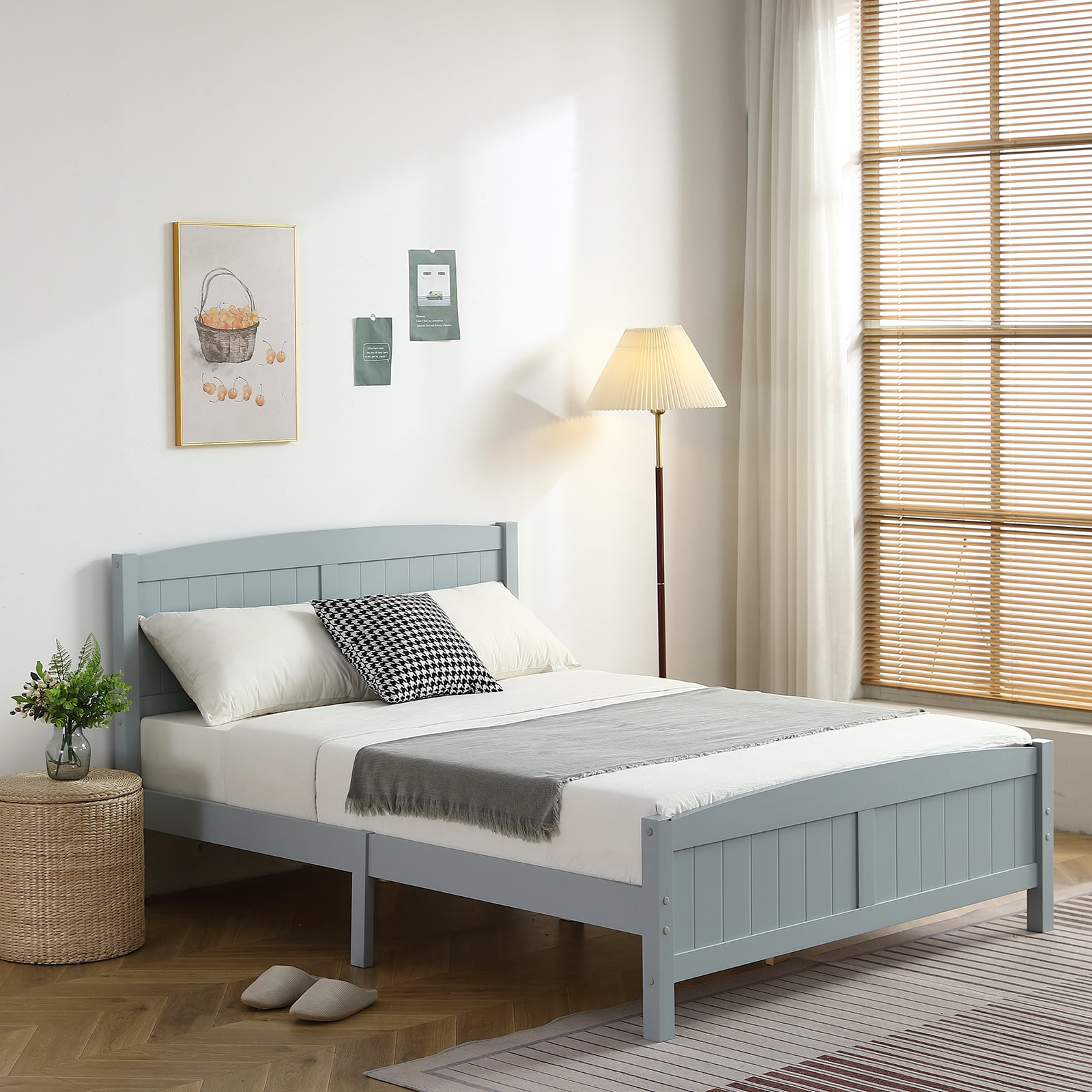 Full Single Bed Frame Vertical Striped Decorative Curved Headboard and Footboard Bed Frame Painted + Melamine Veneer & Pine + MDF Wood Bed, 77.8*56.54*37.8in Grey