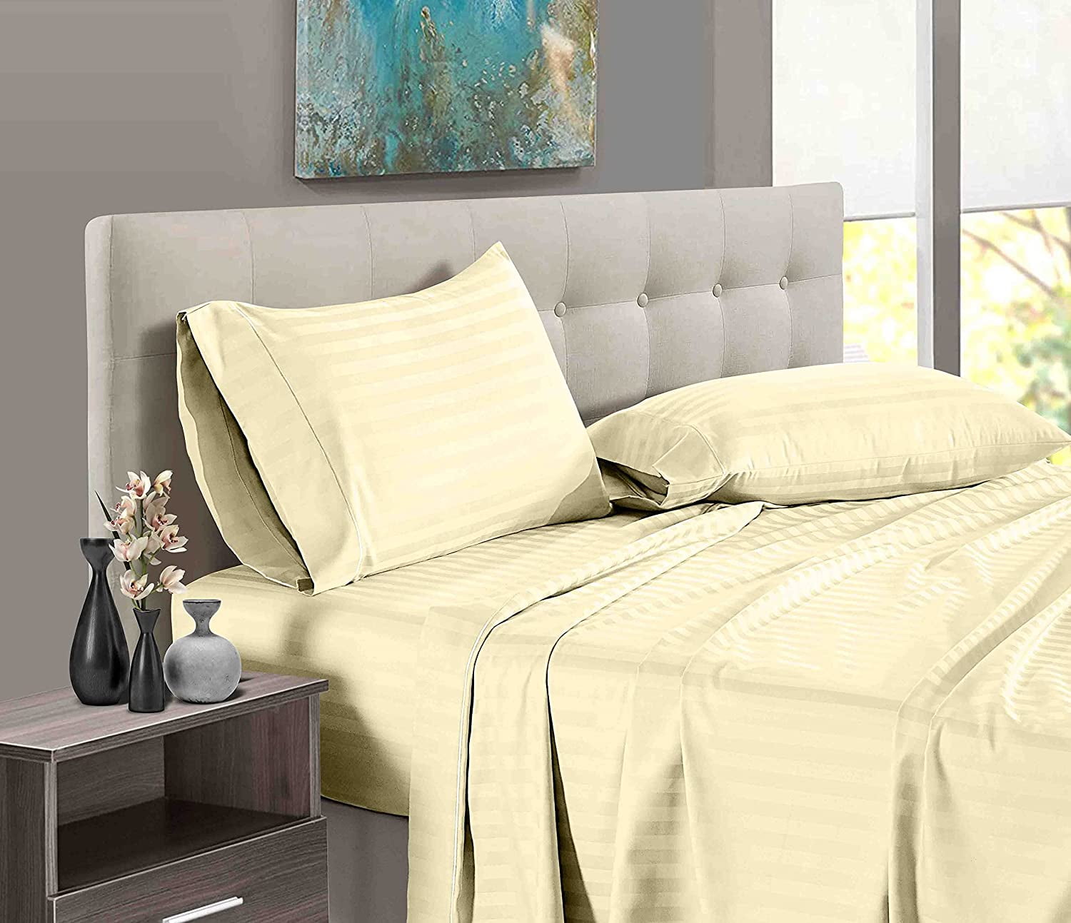 Full Size 100% Egyptian Cotton 5 Piece Bedding, Luxury Sheet Set with 12 Inch Deep Pocket - 400TC Comfortable & Machine Washable Sheets - Ivory Stripe.