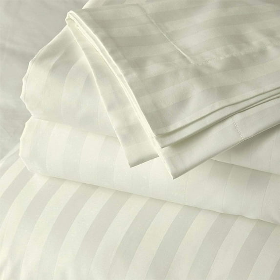 Full Size 100% Egyptian Cotton Bed Sheets Luxury 800 Thread Count 4Pcs Sheet Set - Ivory Stripe Sateen Weave for Soft & Silky Feel Long Staple Cotton 26" Inch Deep Pocket