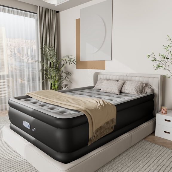 Full Size 18-Inch Elevated Air Mattress - Gray, Built-in High-Speed Pump, with Carry Bag & Patch Kit, for Home, Travel & Camping