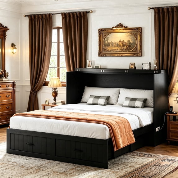 Queen Size 2-in-1 Murphy Cabinet Bed, Foldable Platform Bed Frame with Large Storage Drawer and Built-in Power Strip, Multi-Functional Murphy Bed, Black