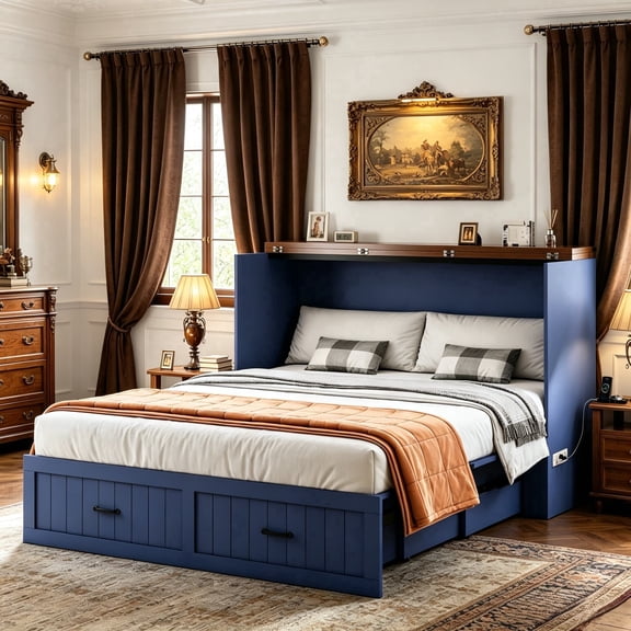 Queen Size 2-in-1 Murphy Cabinet Bed, Foldable Platform Bed Frame with Large Storage Drawer and Built-in Power Strip, Multi-Functional Murphy Chest Bed, Blue