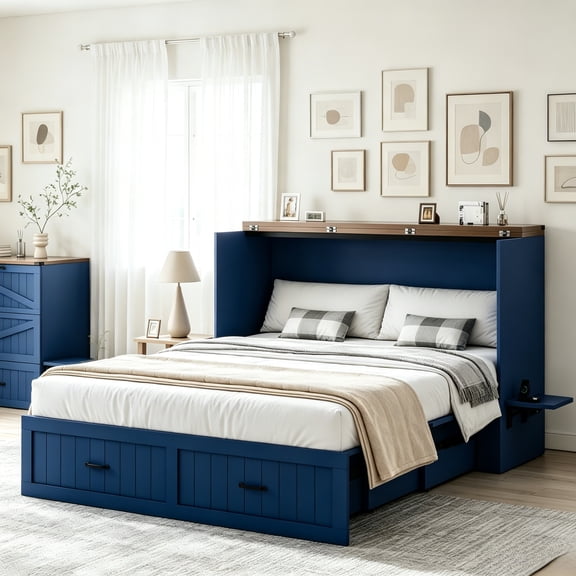 Queen Size 2-in-1 Murphy Cabinet Bed, Foldable Platform Bed Frame with Large Storage Drawer and Built-in Power Strip, Multi-Functional Murphy Bed, Blue