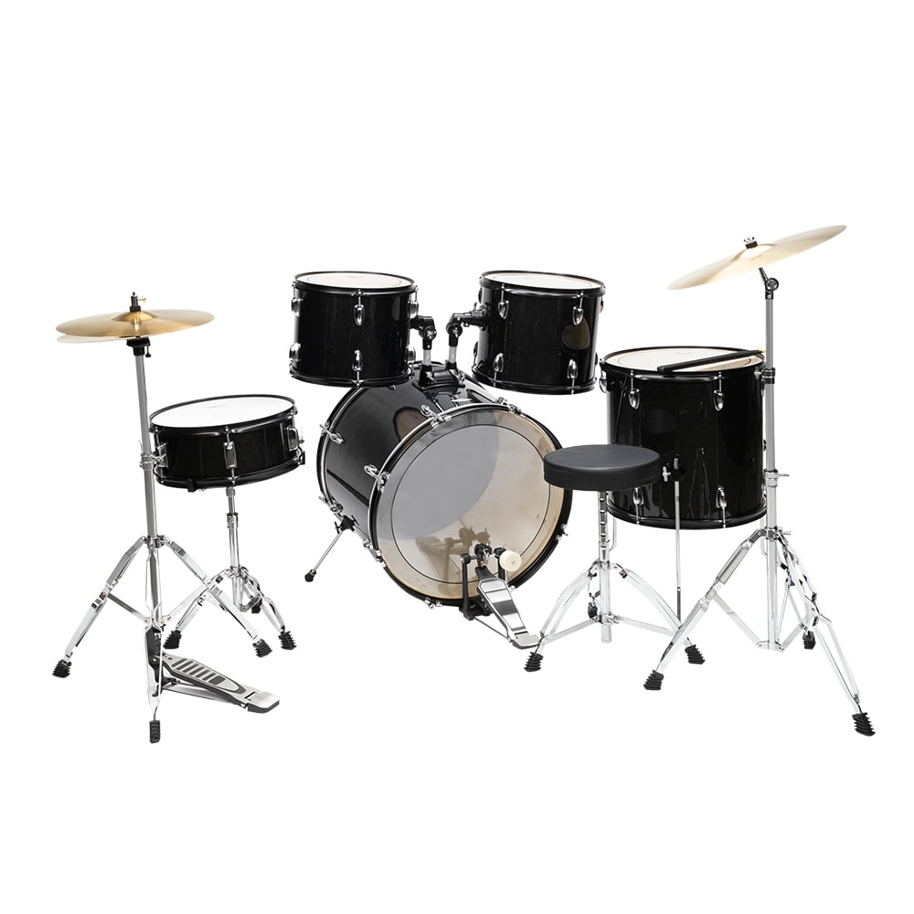 Full Size 22in 5-Piece Complete Adult Drum Set with Bass Drum, 2 Tom Drum, Snare Drum, Floor Tom, 16" Ride Cymbal, 14" Hi-hat Cymbals, Stool, Drum Pedal, Sticks, Black