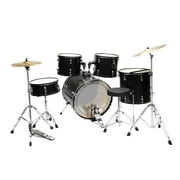 Full Size 22in 5-Piece Complete Adult Drum Set with Bass Drum, 2 Tom Drum, Snare Drum, Floor Tom, 16" Ride Cymbal, 14" Hi-hat Cymbals, Stool, Drum Pedal, Sticks, Black