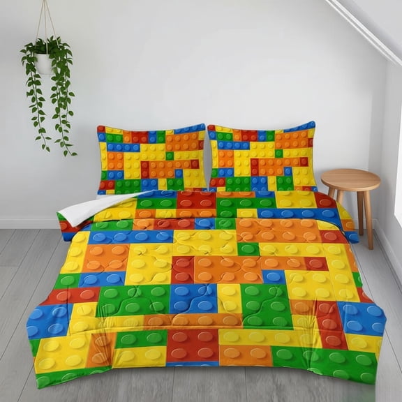 Full Size 3 Piece Funny Dot Building Blocks Comforter Set Colorful Bricks 3D Print Ultra Soft Brushed Microfiber Lightweight Breathable Bedding with 2 Pillow Shams for Bedroom Dorm Room Decor
