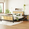 thumbnail image 1 of Full Size 3 Pieces Wood and Rattan Bed Frame with 2 Nightstands, Platform Bed Frame, Mid Century Bedframe, Wood Foundation(Espresso, Full), 1 of 9