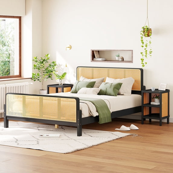 Full Size 3 Pieces Wood and Rattan Bed Frame with 2 Nightstands, Platform Bed Frame, Mid Century Bedframe, Wood Foundation(Espresso, Full)